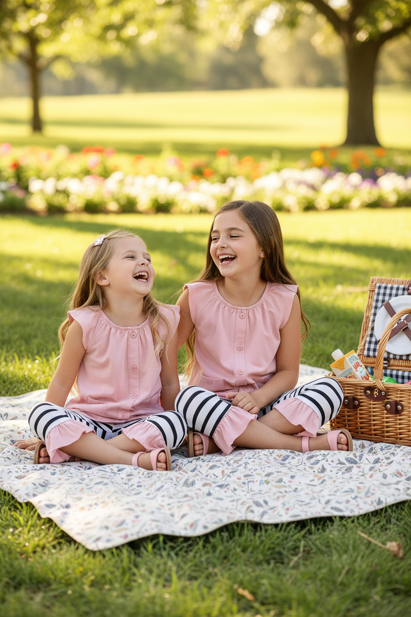 Girls Pink Button Top Striped Ruffle Pants – Playdate Picnic
