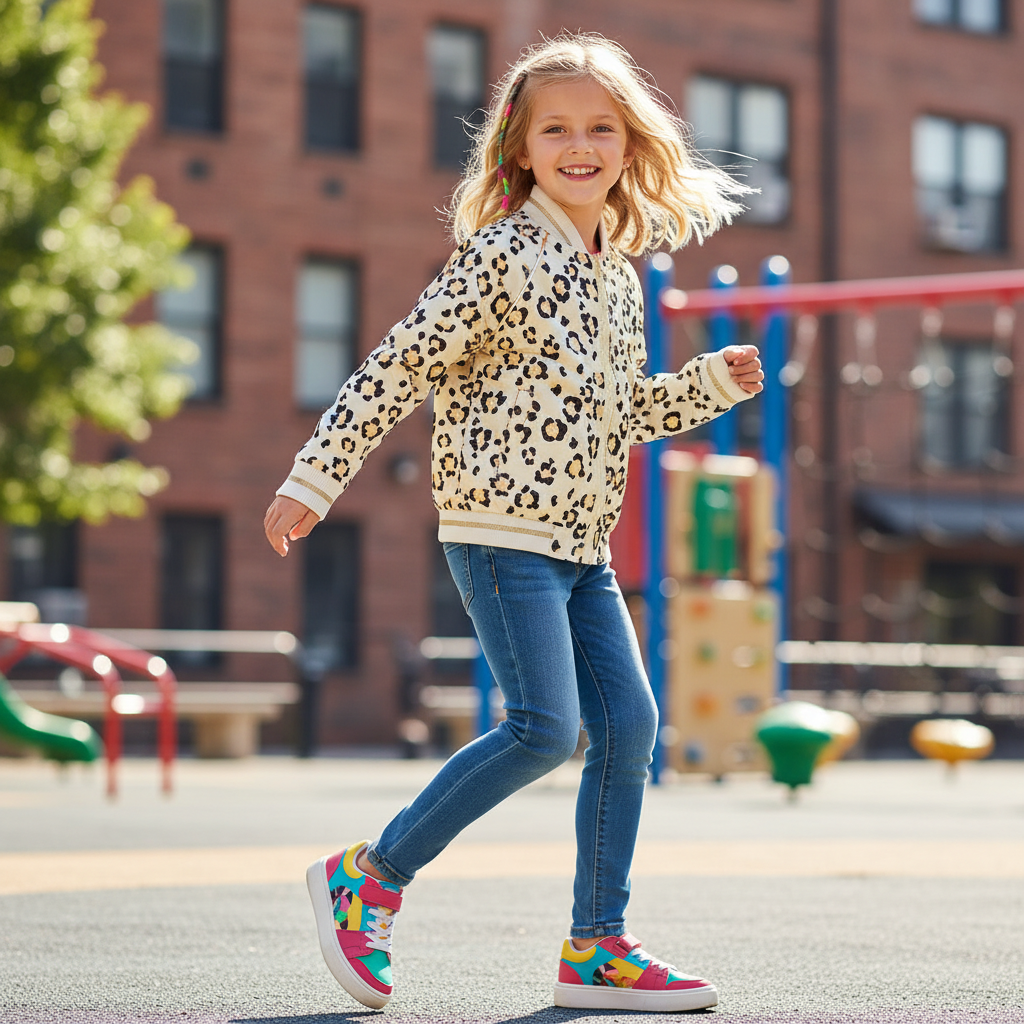 Young girl wearing leopard print bomber jacket with jeans and colorful sneakers, playing outdoors at playground



