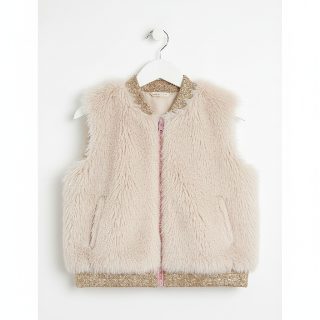 Girls' cream faux fur bomber vest hanging on white hanger against white background, showing plush texture and bomber-style silhouette
