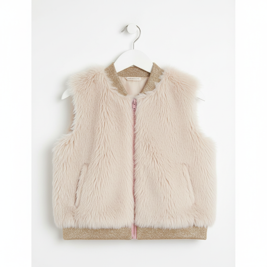 Girls' cream faux fur bomber vest hanging on white hanger against white background, showing plush texture and bomber-style silhouette
