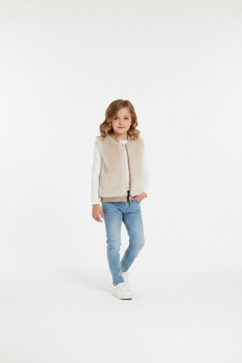 Girls Cream Faux Fur Vest - Gold Glitter Collar & Hem