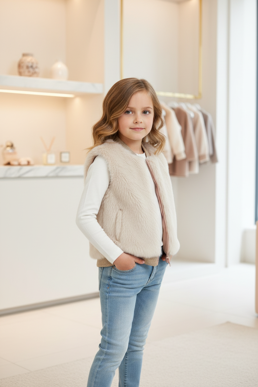 Girls Cream Faux Fur Vest - Gold Glitter Collar & Hem