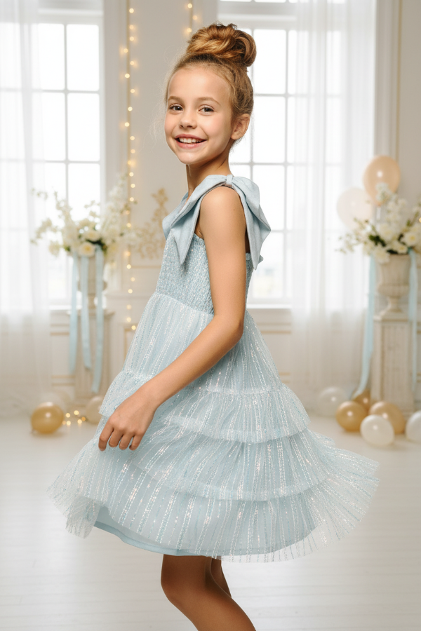 Young girl twirling in ice blue sequin tiered babydoll dress in bright, airy setting with soft lighting, perfect for fall and holiday celebrations
