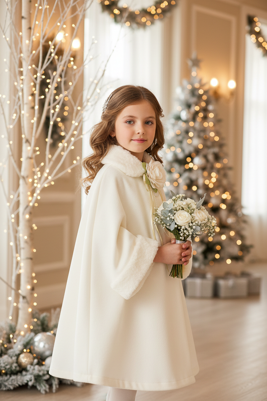 oung girl wearing ivory fleece cape coat with faux fur trim at winter formal event, elegant outerwear for weddings and holiday celebrations