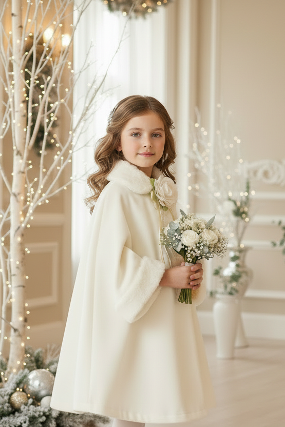 Young girl in a white coat holding flowers in a decorated room 