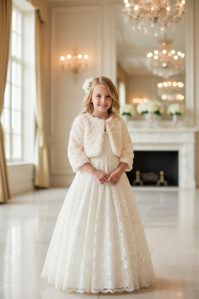 Young girl wearing ivory faux fur bolero with pearl closure over formal dress, elegant cover-up for weddings and special occasions