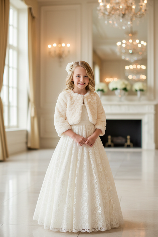 Young girl wearing ivory faux fur bolero with pearl closure over formal dress, elegant cover-up for weddings and special occasions