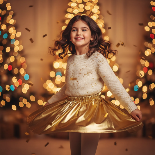 Young girl twirling in metallic gold skirt at holiday party with bokeh lights, showcasing the shimmer and playful elegance of the festive kids' party wear