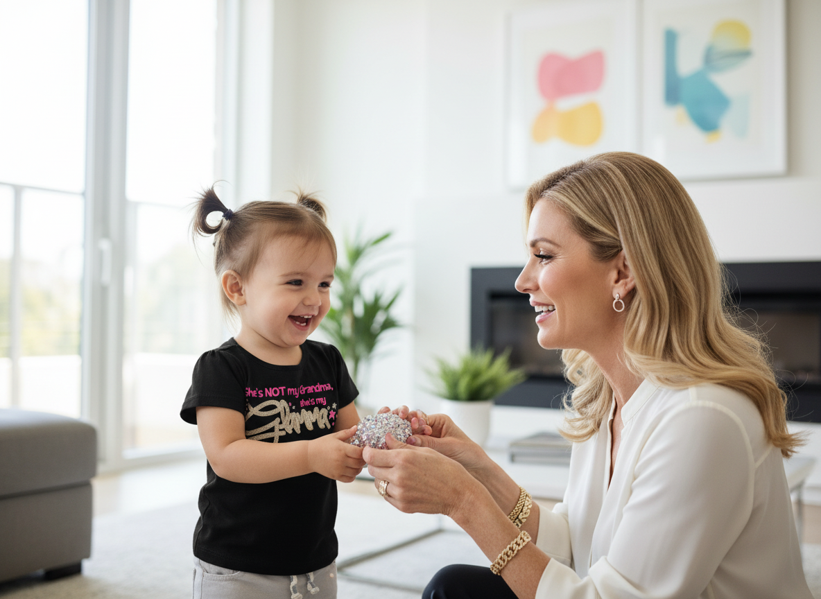 Toddler wearing black She's My Glamma t-shirt with stylish grandmother in bright modern setting
