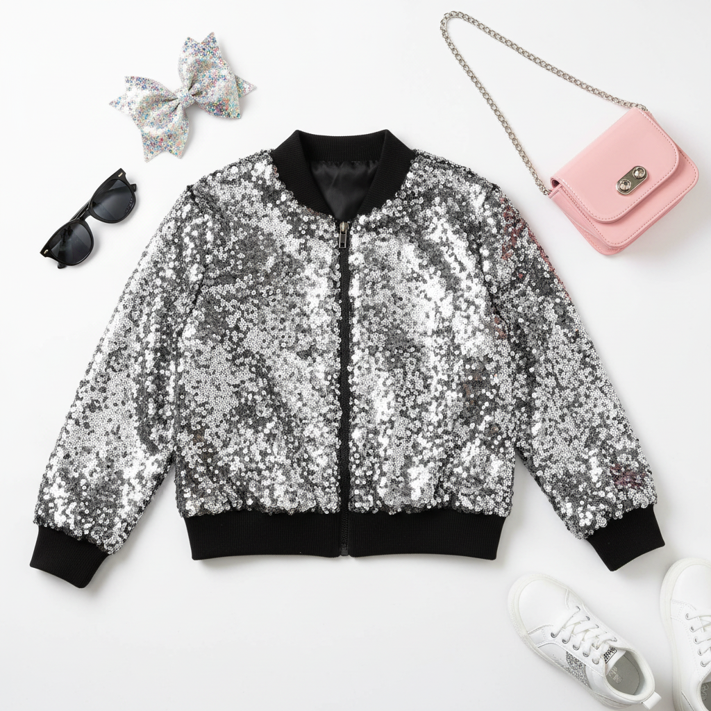 Flat lay of girls' silver sequin bomber jacket with black trim, styled with sparkly hair bow, sunglasses, small purse, and children's sneakers on white background

