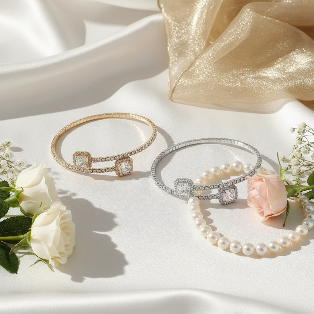 Gold and silver crystal rhinestone wrap cuff bracelets with emerald-cut stones - glamorous flat lay styling
