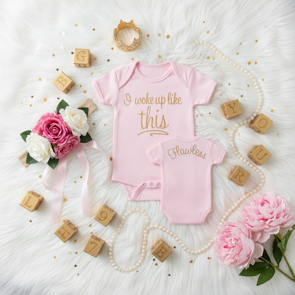 Glamorous pink baby onesie flat lay with gold crown and pearls