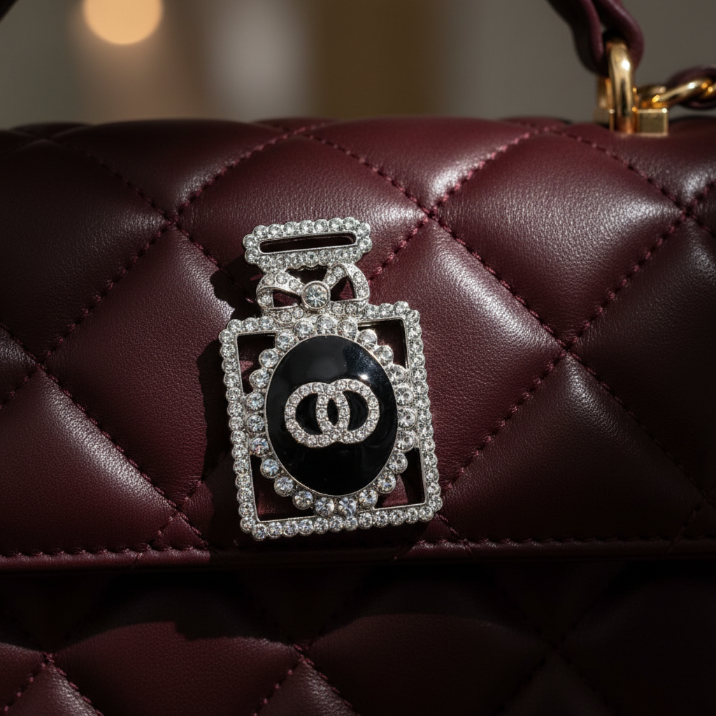 Glamour shot of brooch on handbag