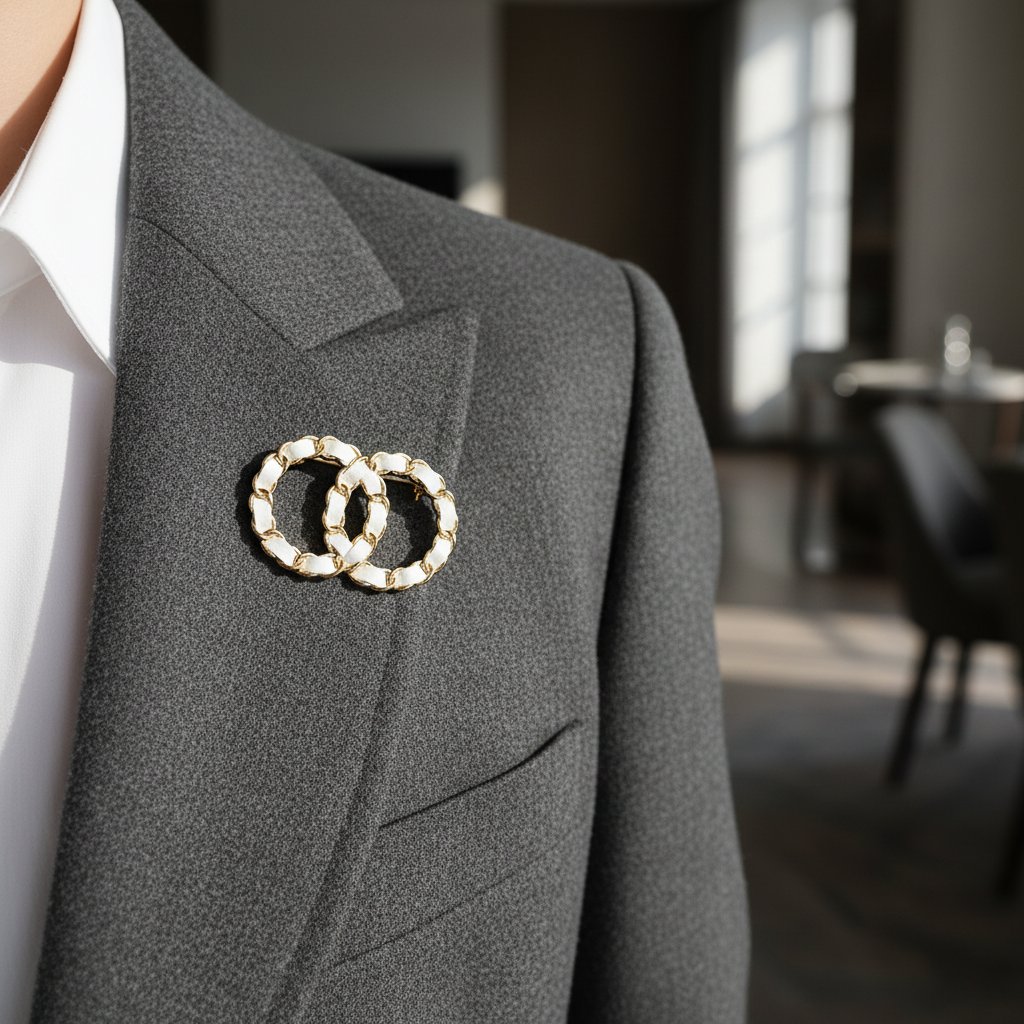 Woman wearing gold chain-link brooch with white faux leather on tailored jacket lapel