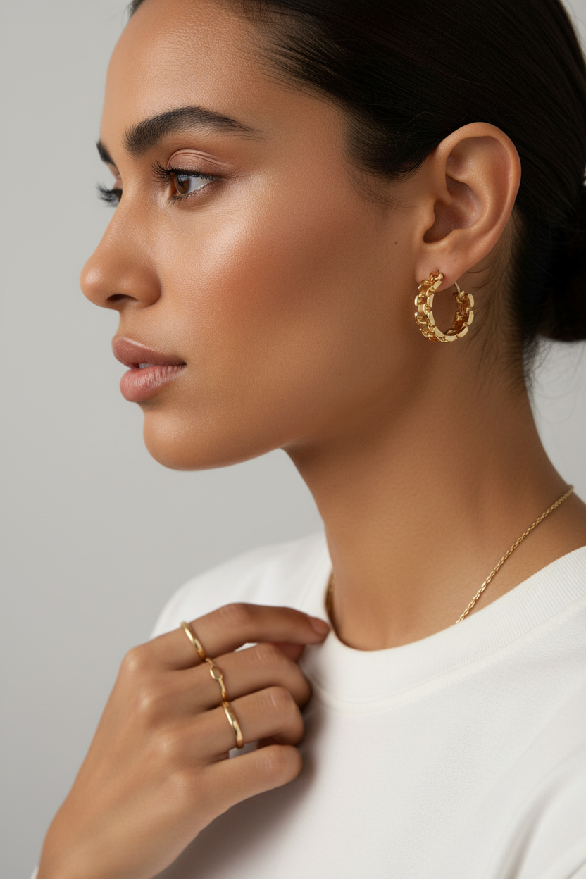 Gold chain link hoops - profile view