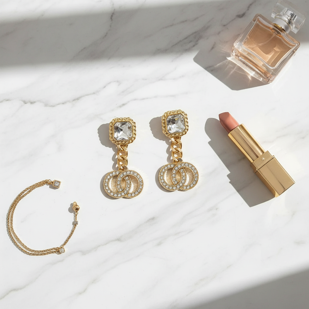 Luxury flat lay featuring gold double circle drop earrings on marble surface styled with three upscale accessories including designer lipstick, gold watch, and crystal perfume bottle