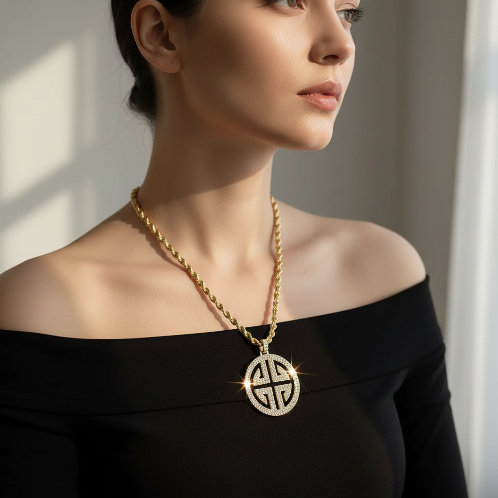 Woman wearing gold rope chain necklace with rhinestone geometric medallion pendant