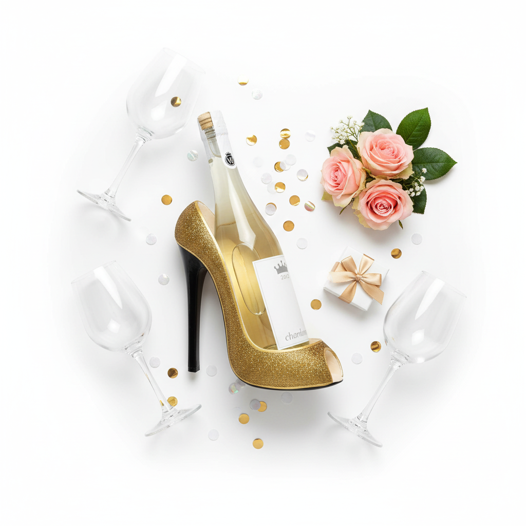 Gold glitter high heel wine holder with 5 props on white background