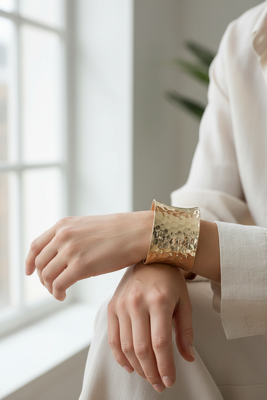 Gold hammered cuff bracelet lifestyle