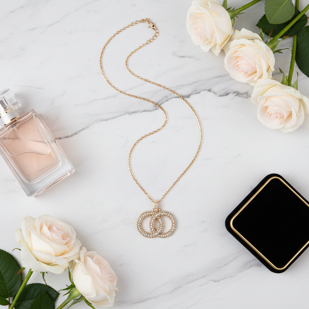Gold infinity necklace flat lay