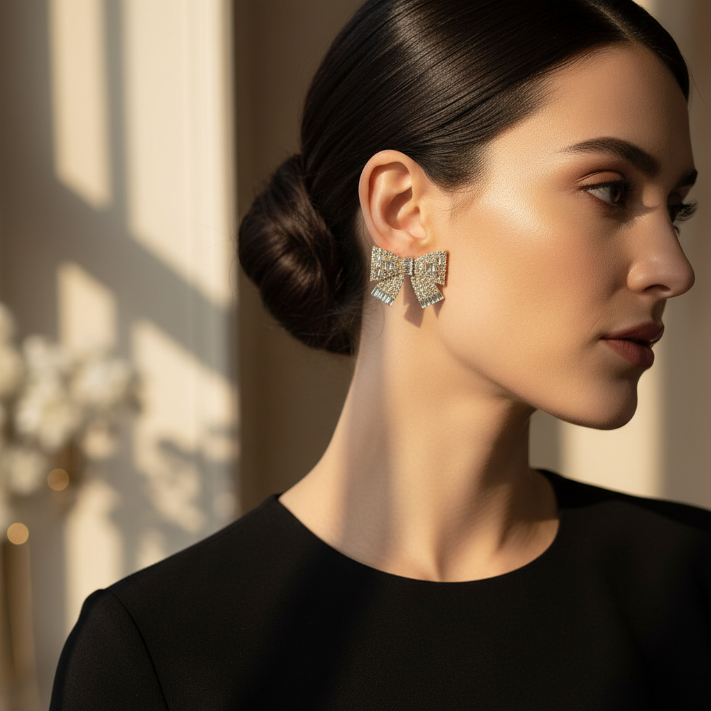 Woman wearing gold rhinestone bow stud earrings showing crystal detail and elegant styling