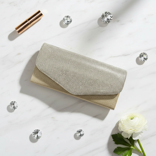 Gold Rhinestone Clutch Flat Lay