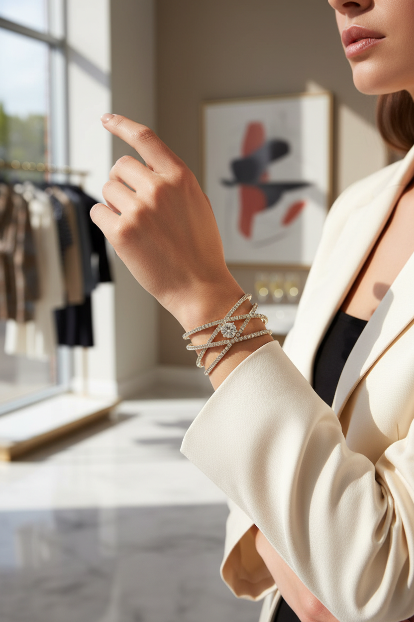 Editorial lifestyle image of gold rhinestone cuff bracelet