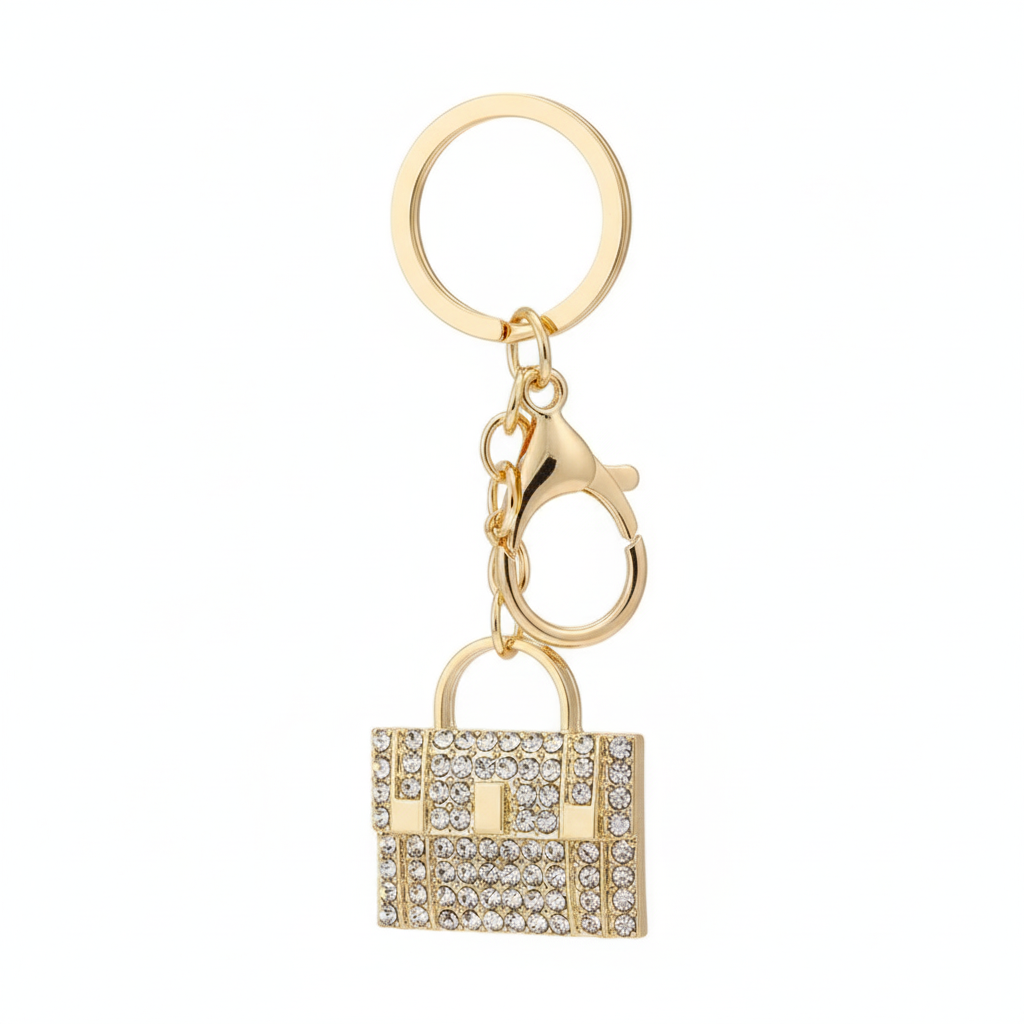 Gold rhinestone handbag keychain charm with chain link and gold keyring on white background