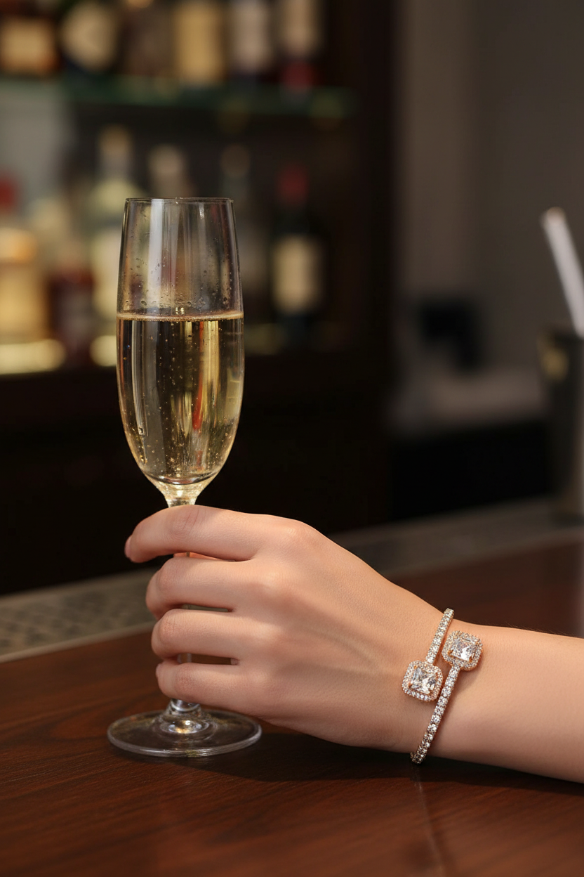 Woman wearing gold rhinestone wrap cuff bracelet holding champagne glass - elegant lifestyle photo
