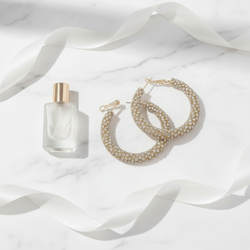 Gold rhinestone wrapped hoop earrings on marble surface with minimal styling