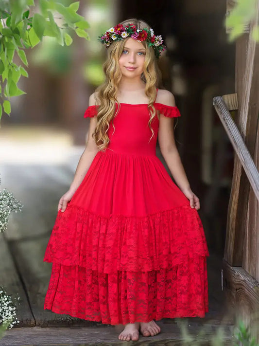 Girls' Ruby Red Tiered Lace Ruffle Maxi