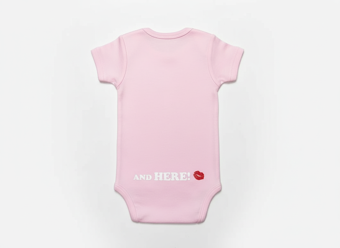 Back view of pink Grandma Was Here onesie showing and here text on white background
