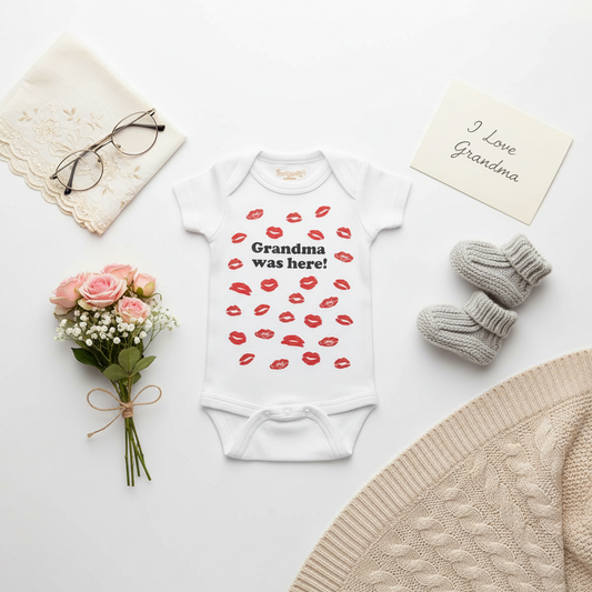White baby onesie with red kiss marks and "Grandma Was Here" text, styled with reading glasses, flowers, and lace handkerchief on white background