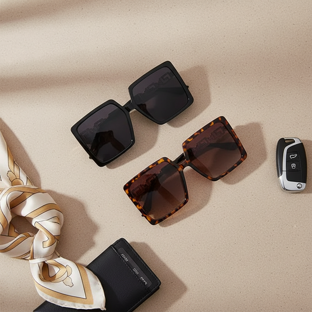 Flat lay of black and tortoise square sunglasses with gold Greek key temple detail on neutral background - designer eyewear photography