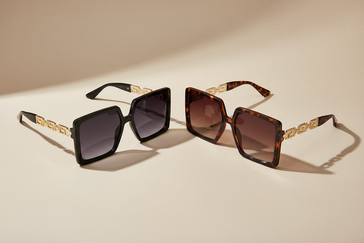 Angled flat lay of black and tortoise Greek key square sunglasses with gold temple hardware spaced apart on neutral background