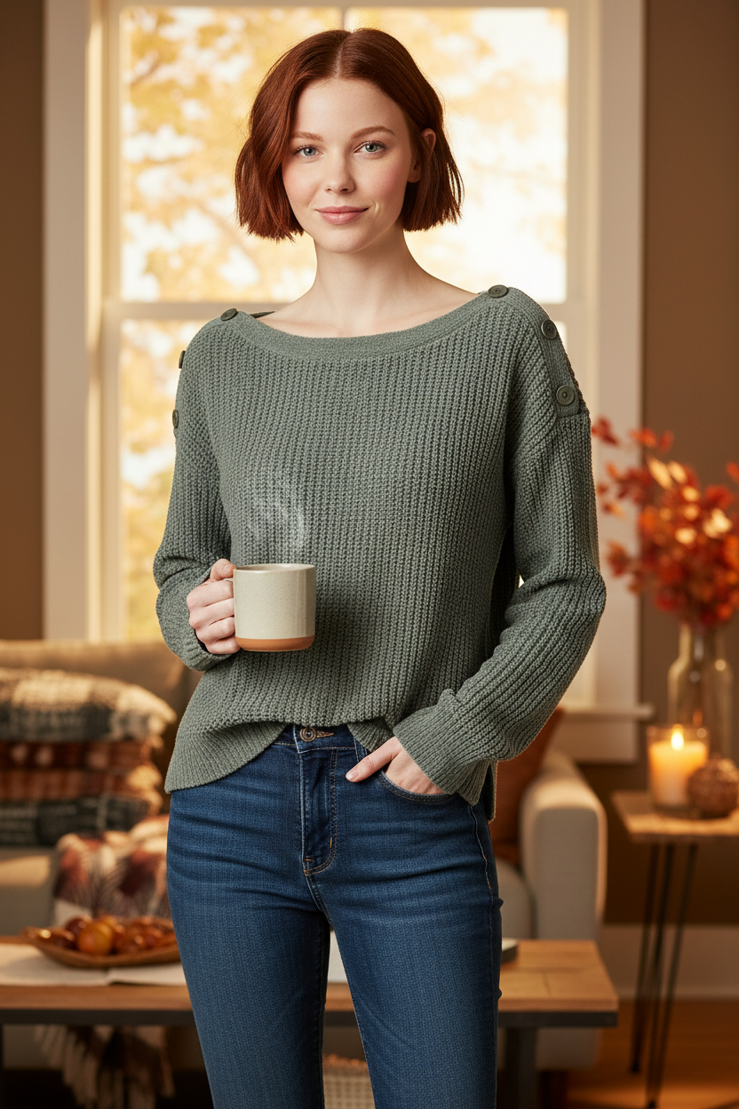woman wearing olive chenille sweater