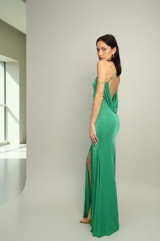 Kelly green halter gown back view - dramatic low back formal dress