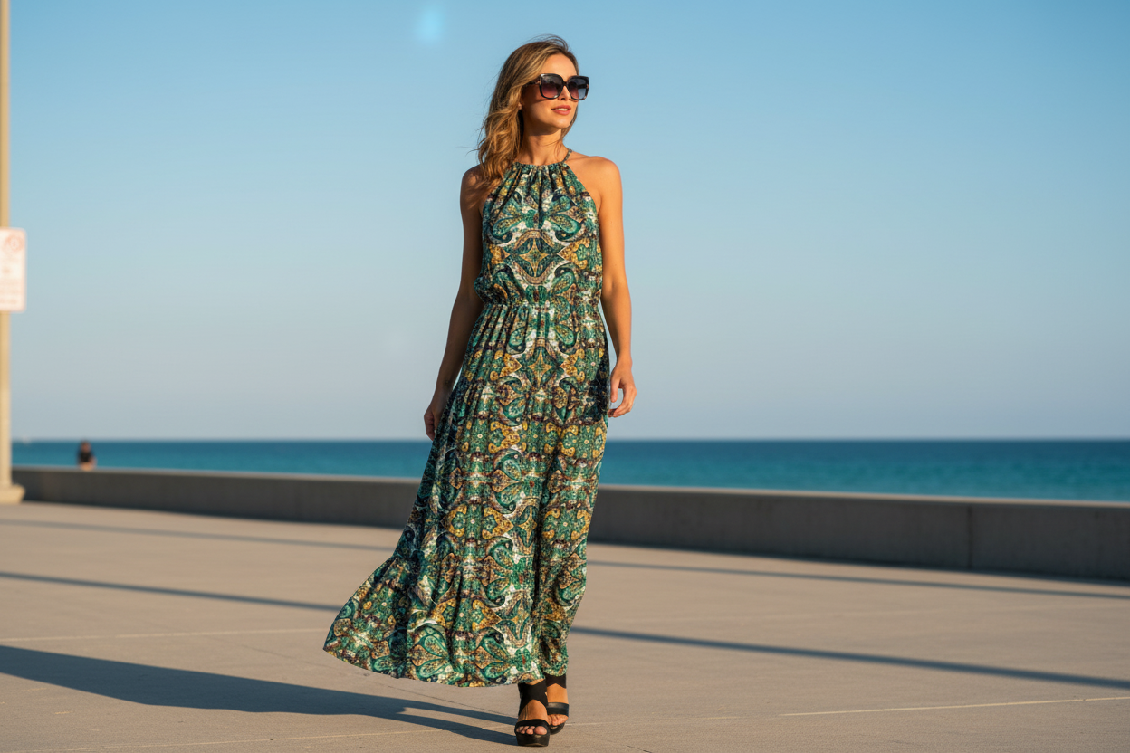 Green paisley print halter maxi dress coastal lifestyle hero – woman in sunglasses wearing flowy boho maxi dress on sun-drenched promenade