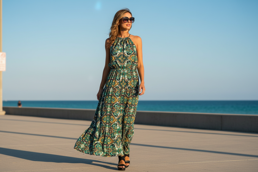 Green paisley print halter maxi dress coastal lifestyle hero – woman in sunglasses wearing flowy boho maxi dress on sun-drenched promenade