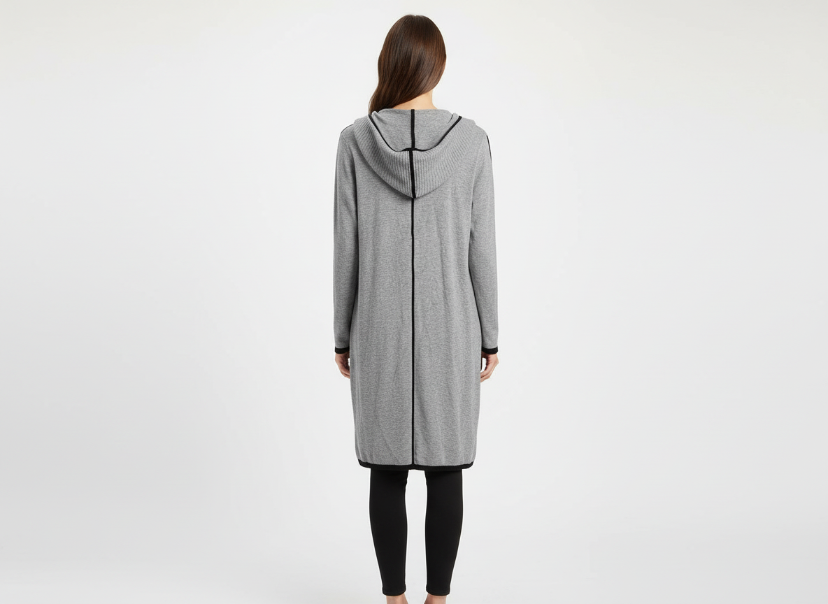 Grey Hooded Cardigan - Back View on Model (Corrected)