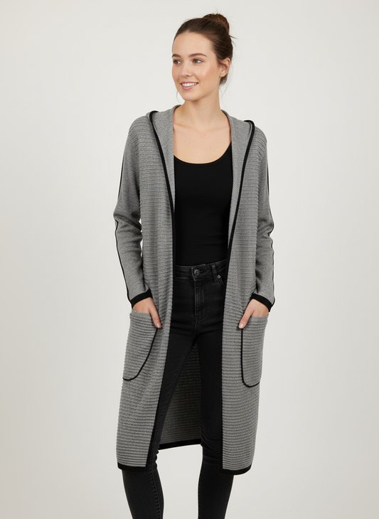 Grey Long Hooded Cardigan on Model