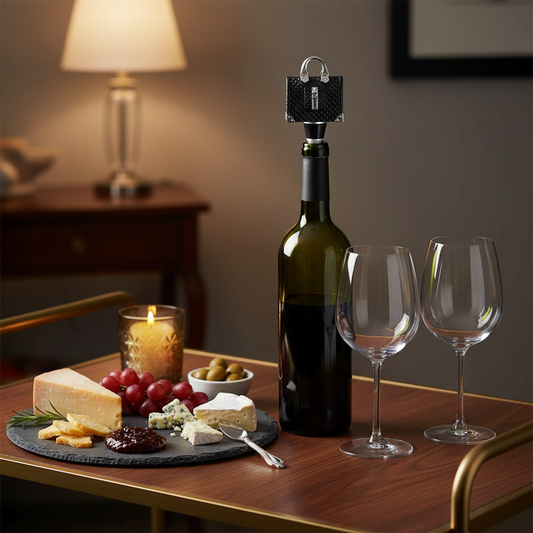 lack quilted handbag wine stopper inserted in wine bottle on elegant dining table with glasses and appetizers