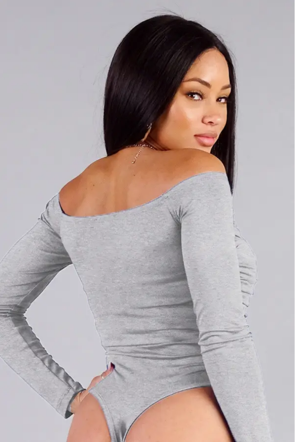 Long Sleeve Off Shoulder Crossed Front Bodysuit Grey