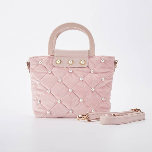 Girls Pink Pearl Embellished Quilted Velvet Purse