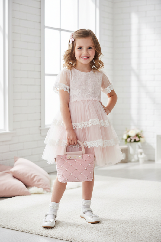 Girls Pearl Embellished Quilted Velvet Mini Handbag | Blush Pink