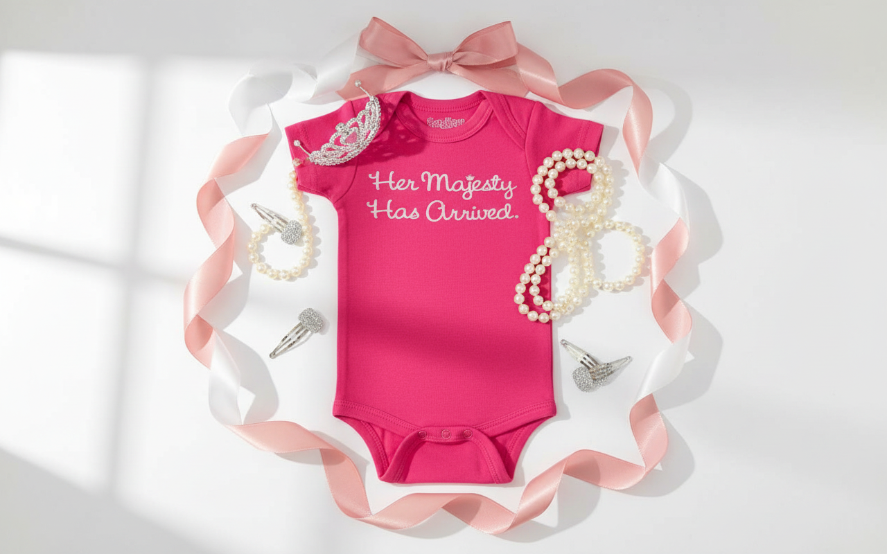 Glamorous flat lay of hot pink Her Majesty Has Arrived onesie with tiara and elegant accessories on white background
