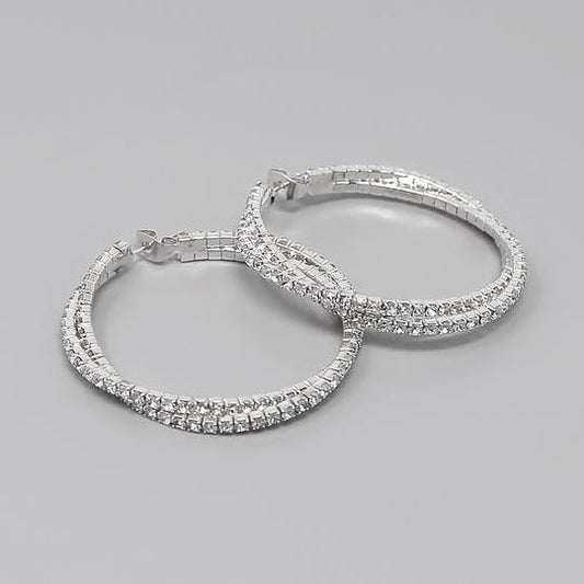 Twisted Rhinestone Hoops (45mm) Silver