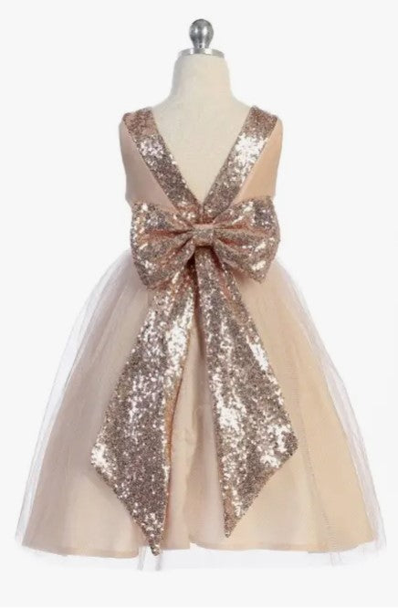 Girls' Rose Gold Sequin Back V Dress