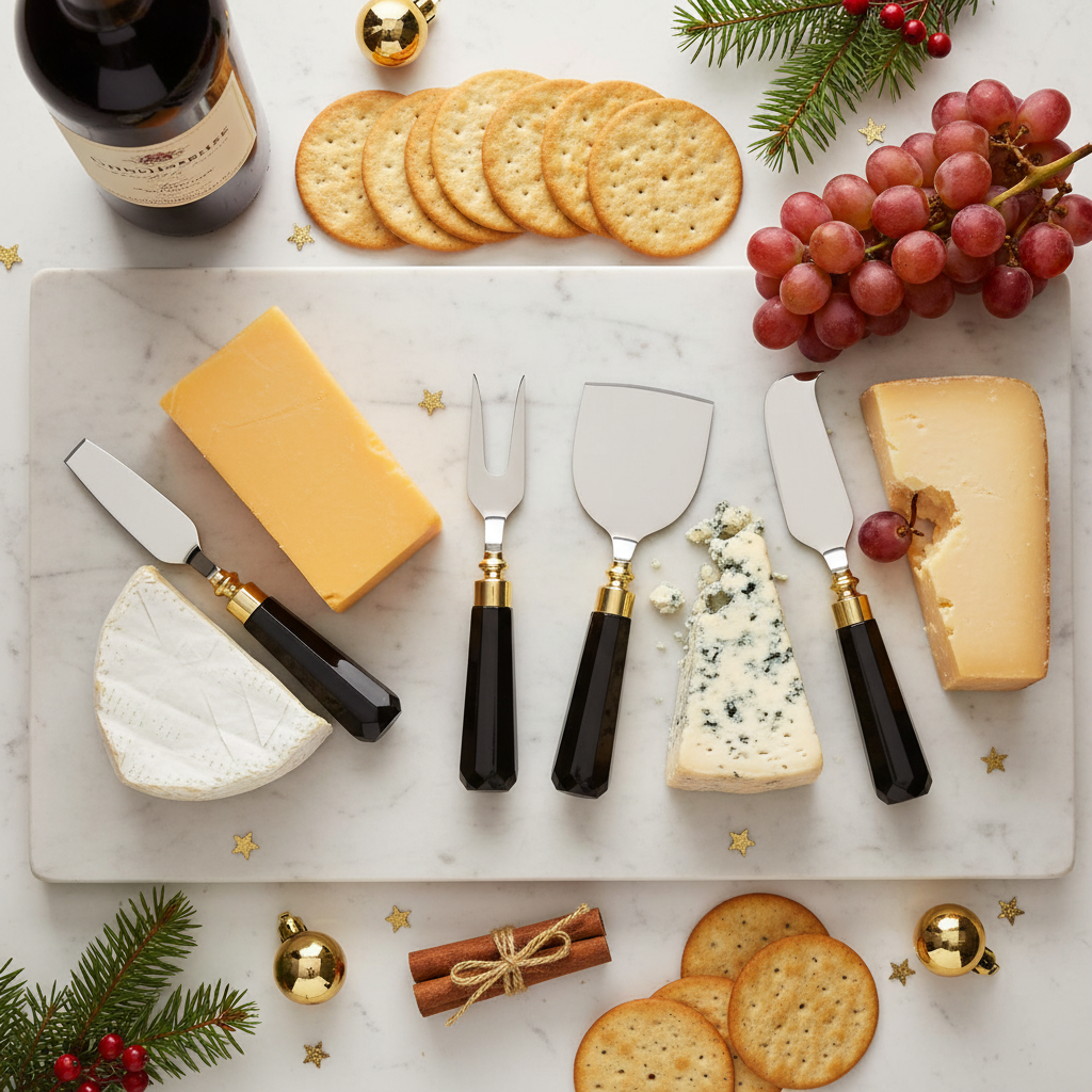 Black and gold Art Deco cheese knives on elegant charcuterie board with assorted cheeses and accompaniments
