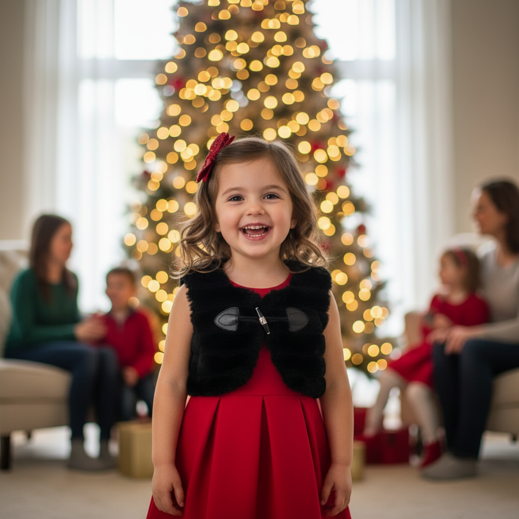 Young girl wearing sleeveless red pleated dress with separate black faux fur vest at holiday celebration, standing near decorated Christmas tree with warm bokeh lights creating festive seasonal atmosphere